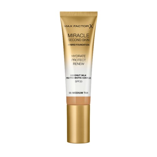 En tube med Max Factor Miracle Second Skin foundation for medium skin with SPF 20, kokosmelk og pre/probiotics.