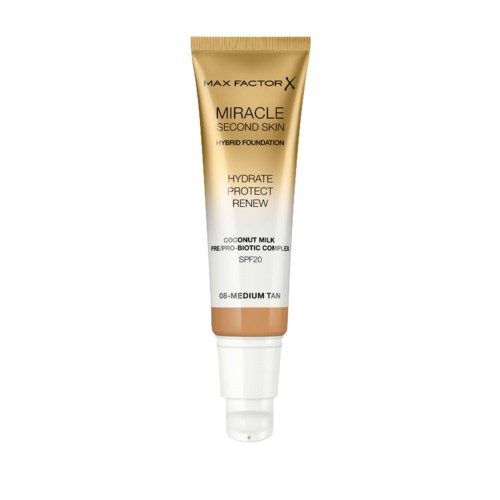En tube med Max Factor Miracle Second Skin hybridfundament i medium tan, med SPF 20, kokosmelk og biotisk kompleks.