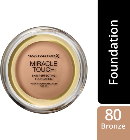 En kompakt foundation i et glasskrukke med beige og gul farge, merket 'Miracle Touch' med SPF 30.