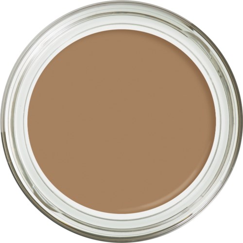 En liten beholder fylt med beige farget krem eller foundation. Beholderen er rund og gjennomsiktig.
