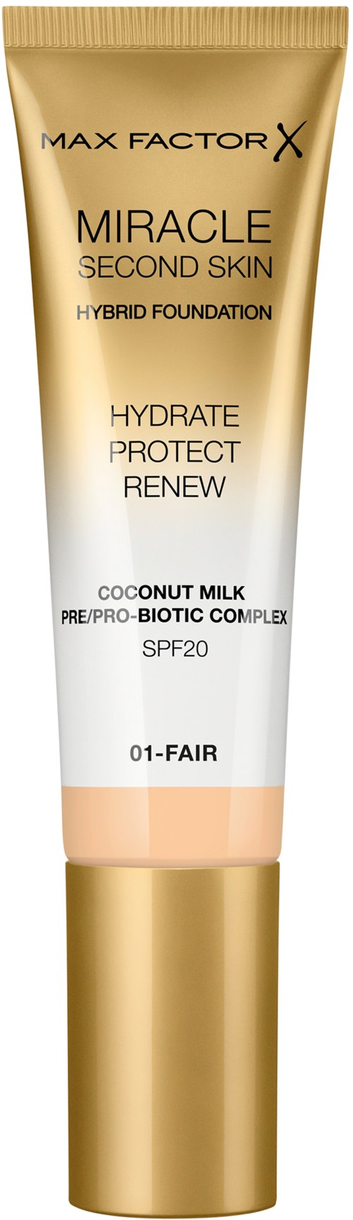 Een tube van Max Factor's Miracle Second Skin hybrid foundation, met labels voor hydratatie, bescherming, vernieuwing, SPF 20 en lichte tint.