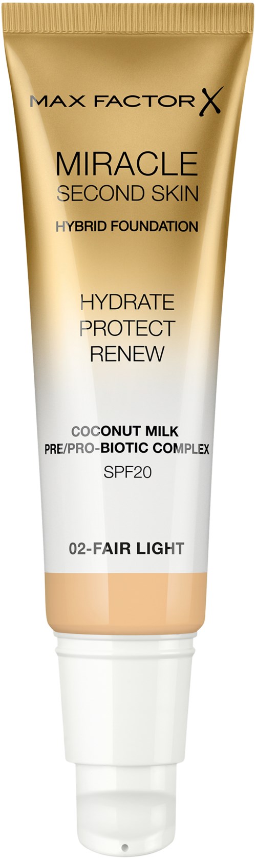 Tube van Max Factor X Miracle Second Skin hybride foundation met SPF 20, kokosmelk, pre/biotica voor lichte huid.