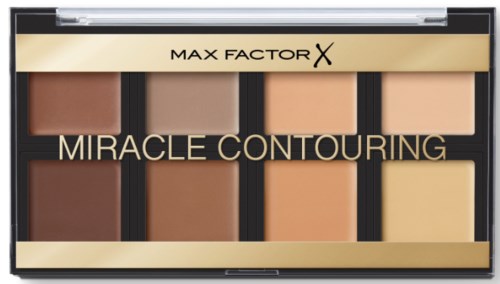 En makeup contour-palett med åtta nyanser, märkt Miracle Contouring av Max Factor, i ett svart och beige skal.
