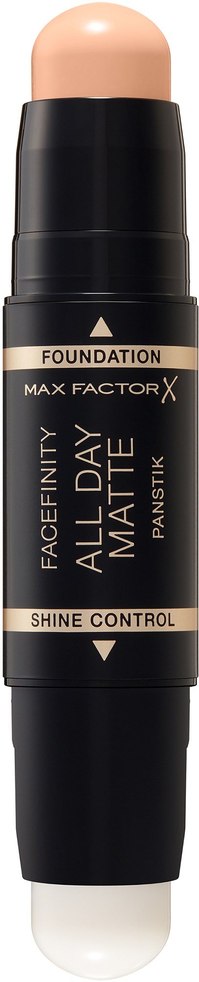 Ein schwarzer Stick mit Drehverschluss und beige Creme darin, wahrscheinlich ein Make-up-Produkt für Gesicht oder Körper.