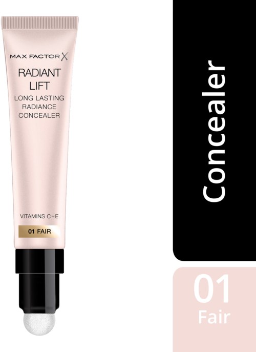 Tuba krycia do twarzy z czarną nakładką, oznaczona 'Radiant Lift,' odcień 'Fair,' i długotrwały połysk.
