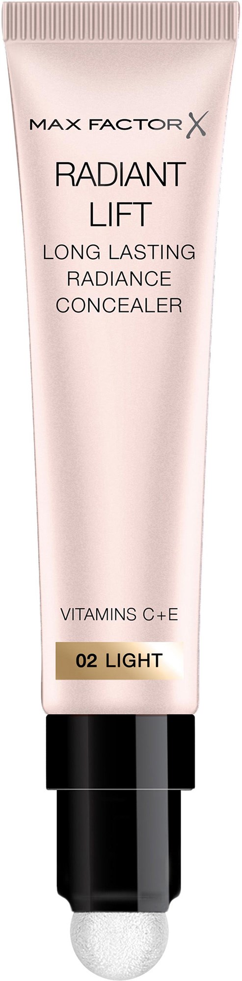 Tuba Max Factor Radiant Lift Concealer w jasnym odcieniu, z czarną nakrętką, zapewnia długotrwały blask i witaminy C i E.