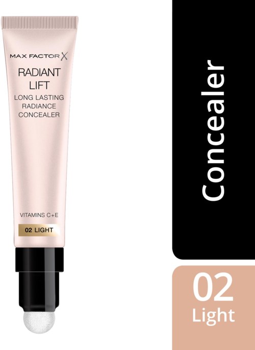 Tuba korektora Max Factor Radiant Lift Long Lasting Radiance w odcieniu 02 Light z czarną i białą opakowaniem.