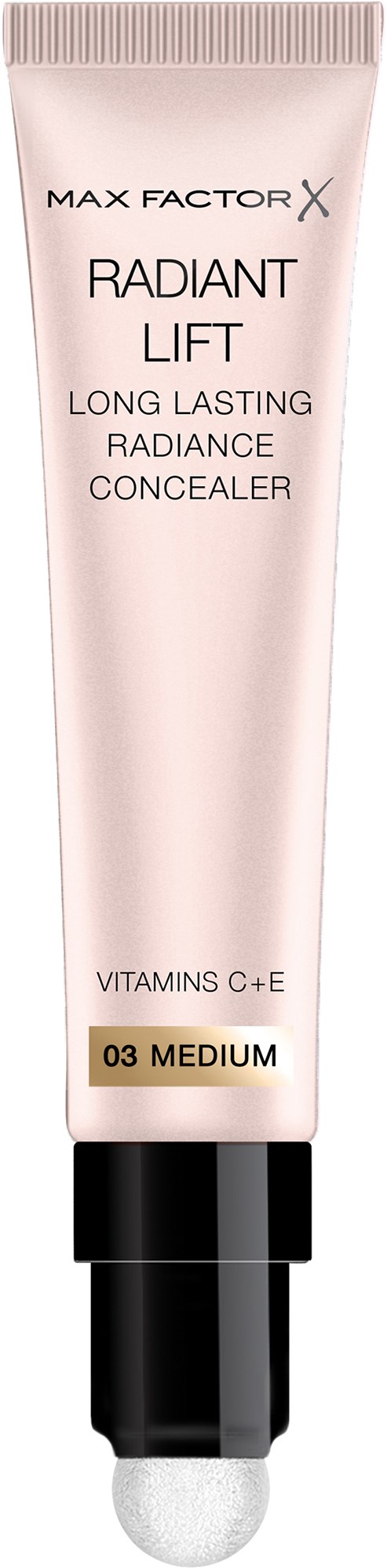 Eine Tube Max Factor Radiant Lift Concealer in mittlerem Farbton, mit lang anhaltendem Glanz und Vitaminen C und E.