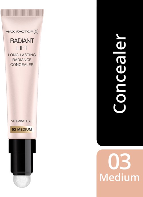 Eine Tube Max Factor Radiant Lift Concealer, Farbe Medium, mit schwarzem und rosa Design und Textbeschreibung.