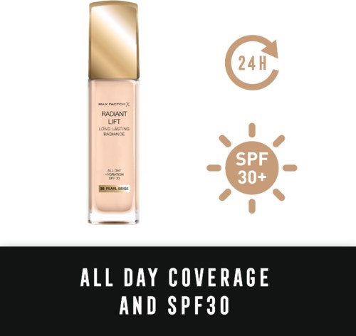 A foundation bottle with SPF 30 and 24-hour coverage, advertised for all-day wear and long-lasting radiance.