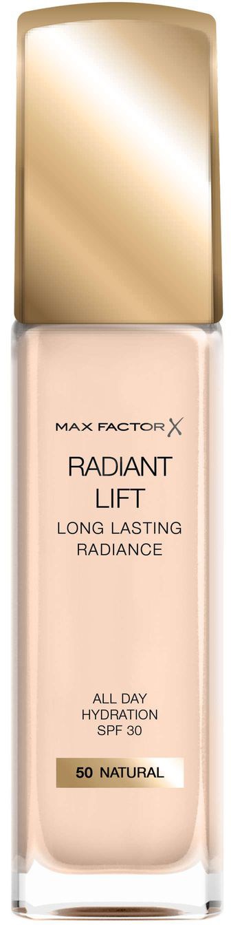 Długa butelka podkładu w płynie z złotą nakrętką. Etykieta mówi Max Factor, Radiant Lift, SPF 30, i 50 Natural.