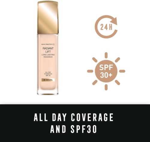 Butelka podkładu z SPF 30 zapewnia całą dzień nawilżenie i ochronę przeciwsłoneczną.