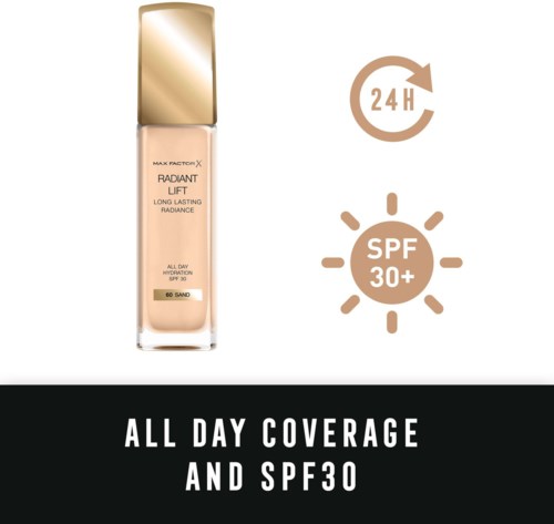 En foundationflaska med SPF 30 ger heldäckning och fukt, håller i 24 timmar och är lämplig för långvarig användning.
