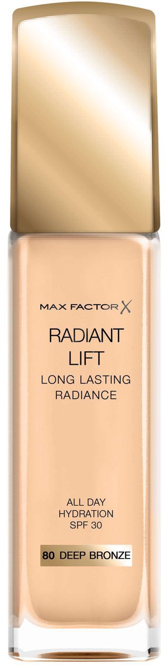 Flasche Max Factor Radiant Lift Foundation in Beigeton mit goldener Kappe.