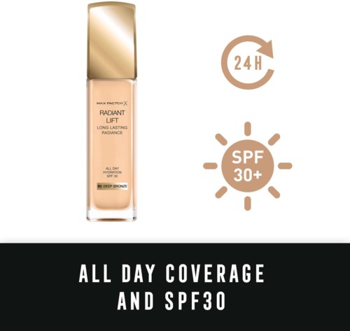 Eine Foundation-Flasche mit Schutz SPF 30+, hält 24 Stunden, bietet ganztägigen Schutz.