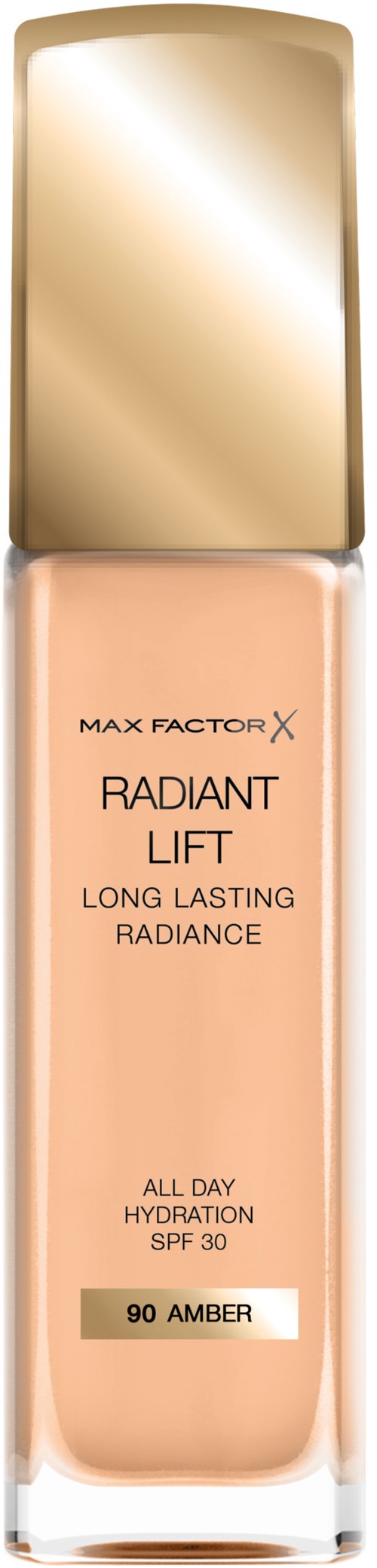 A bottle of Max Factor Radiant Lift foundation with a beige cap and simple label, contains long-lasting, hydrating makeup.