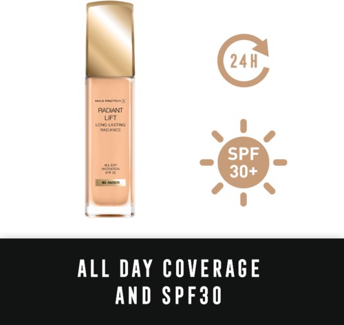 Liquid foundation with 24-hour wear, SPF 30+, and all-day coverage.