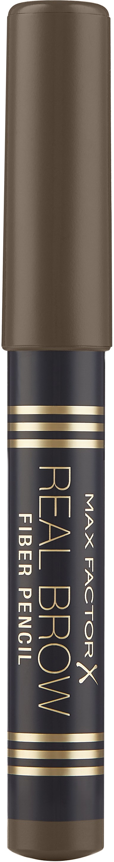 En brun fiberpenna med svart mittdel och gulddetaljer, märkt "Max Factor" och "Real Brow".
