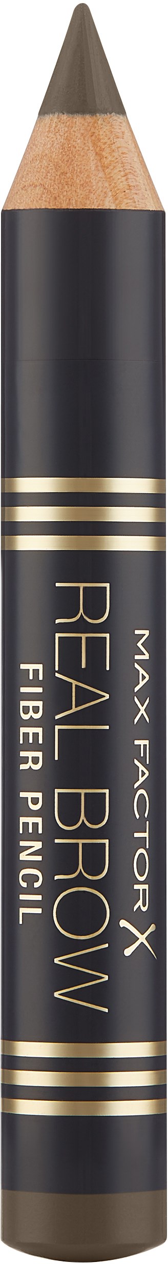 En svart penna med guldremsor och text som visar att det är en Max Factor Real Brow Fiber Pencil.