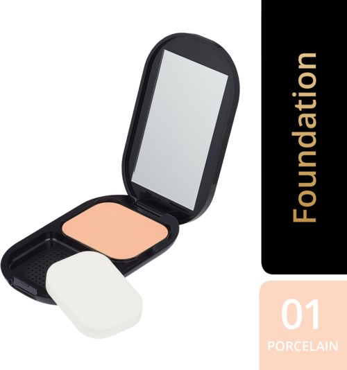 Pieni meikkipuuterikasetti, jossa sieni ja peili, kertoo sanan 'Foundation' ja numeron '01 Porcelain'.