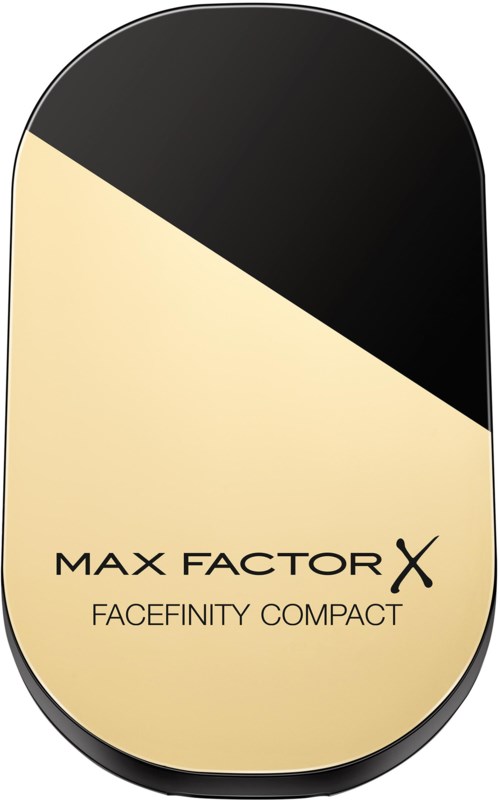 En sminksvamp med svart topp og kremfarge nederst, merket Max Factor FaceFinity Compact.