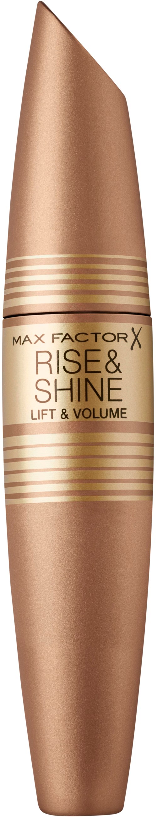 En guldfärgad mascara-tub märkt 'Max Factor X Rise & Shine Lift & Volume' med en avsmalnande topp.