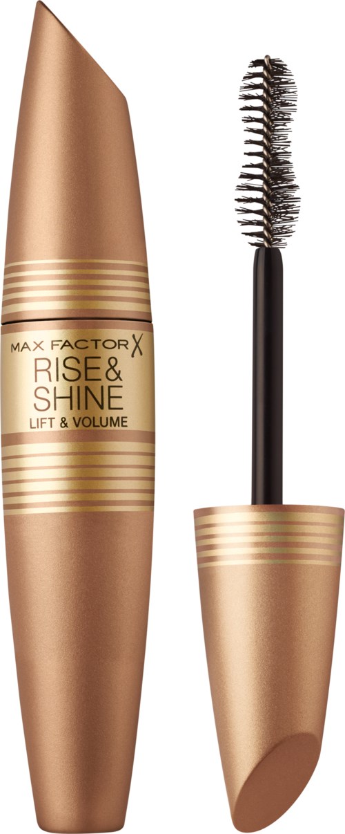 En guldfärgad mascara-rör med en pensel, märkt 'Rise & Shine Max Factor X'.