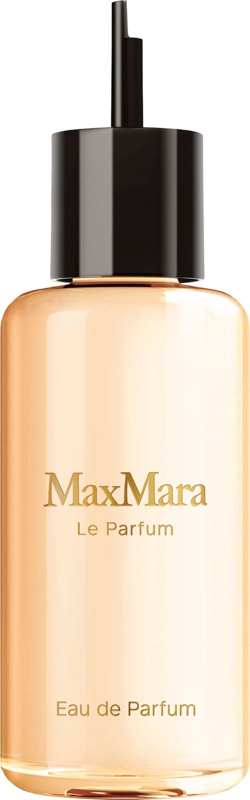 En gennemsigtig glasparfume flaske med sort sprayhætte, mærket MaxMara Le Parfum Eau de Parfum.