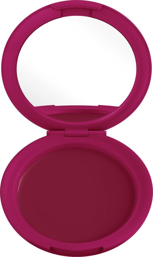 Rosa kompakt med et speil inni og mørk rosa pudder eller blush.