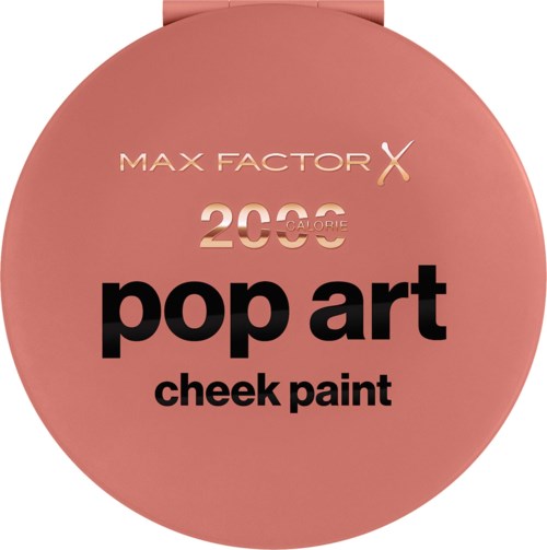 En rund liten beholder med rosa farge, med tekst om Max Factor, 2000 kalorier popkunst kinnfarge.
