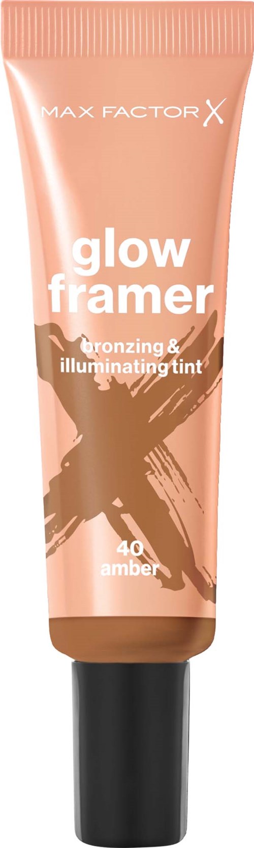 Peach-colored tube of Max Factor Glow Framer bronzing and illuminating tint with black cap.