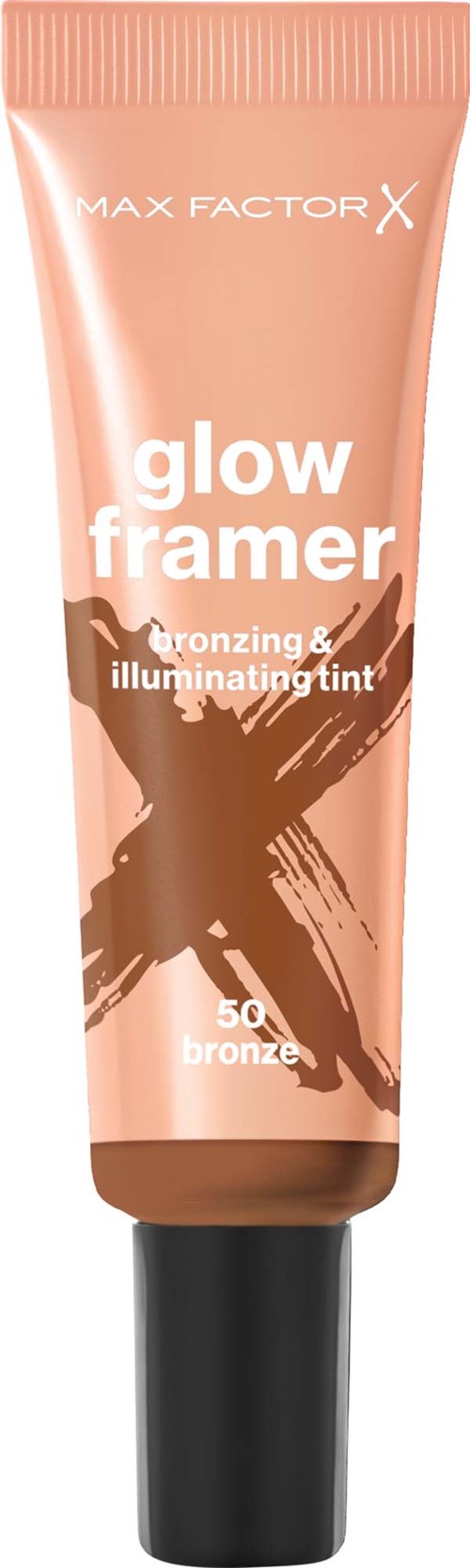 A peach-colored tube labeled 'Max Factor X glow framer,' with brown and black accents, and a black cap.