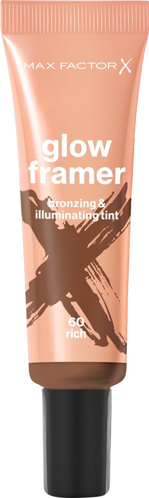 A peach-colored tube with black cap, text about glow faire and bronzing, illuminating tint, 60 rich.