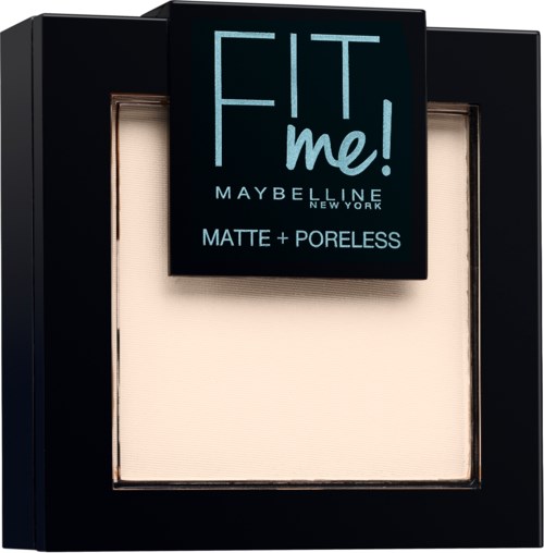 Maybellinen Fit Me! mattahiottomuotoinen ja huokoseton pulveri mustassa pohjassa, jossa on läpinäkyvä ikkuna.