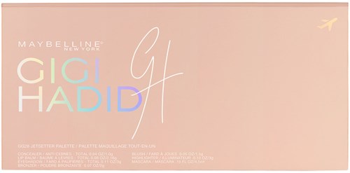 Maybelline Gigi Hadid Jetter Palette med färgglad text och ljusrosa bakgrund, och en liten flygplansikon.