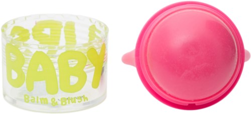 A small white container with yellow text and a pink lid, likely for baby balm and brush. The lid is placed upside down.