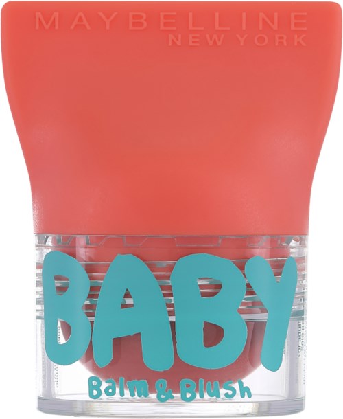 Maybelline New York baby balm and blush container with a pink cap and blue text label.