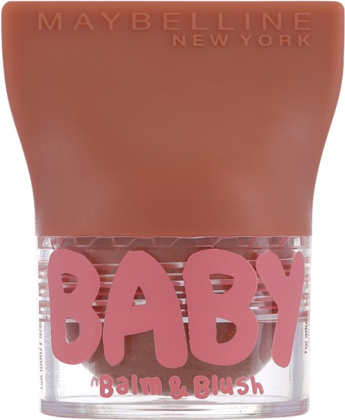 A Maybelline New York product with a pink and transparent case, labeled 'BABY balm & blush' for makeup.