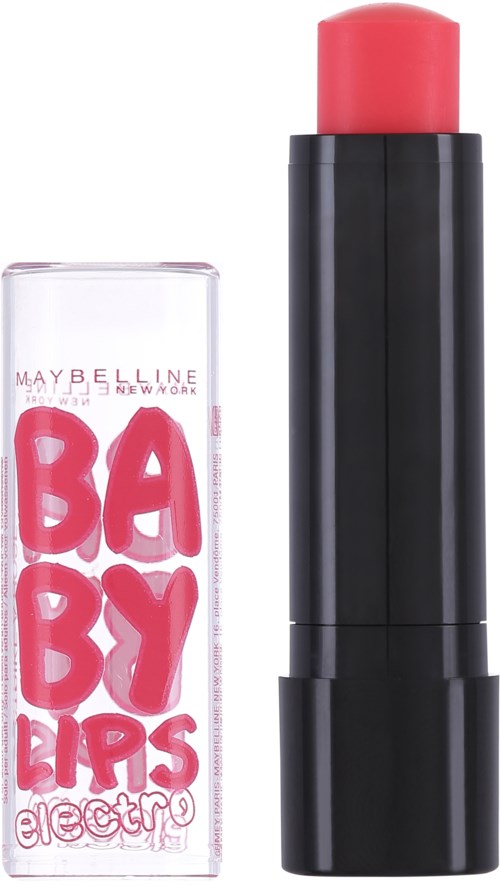 Lip balm in black case with pink color. The packaging has 'Baby Lips' written on it in large, pink letters.