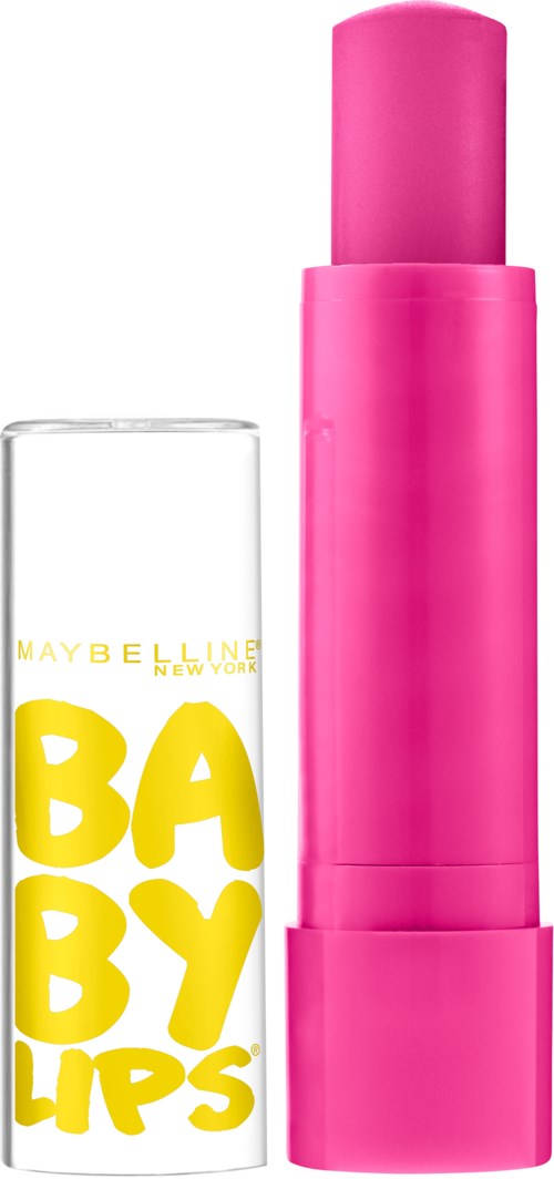 A pink lipstick with a bright yellow label that says "BABY LIPS".