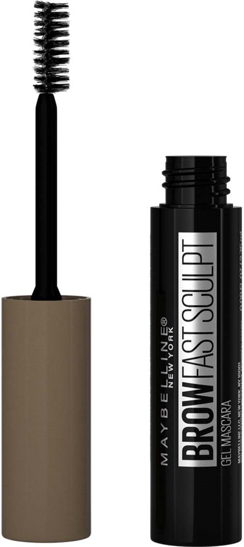 Een zwarte mascara tube met borstel en beige dop, met label 'Maybelline Brow Fast Sculpt Gel Mascara'.