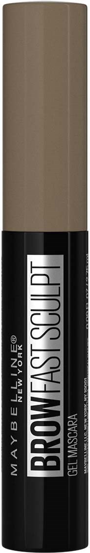 Een Maybelline wenproduct met de naam 'Brow Define+Fill' in een tube met beige en zwarte kleuren.