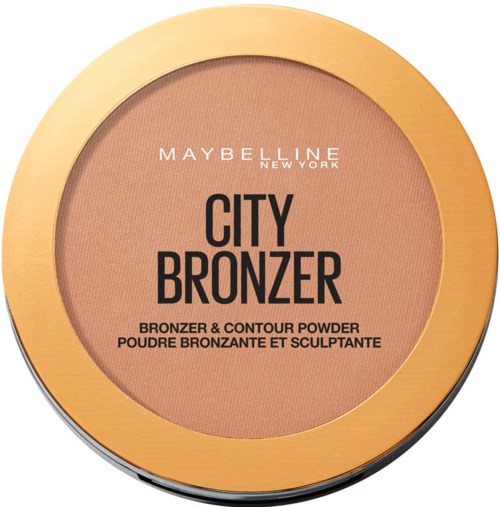 En rund kompakt av Maybelline City Bronzer med beige puder och ett guldlock.