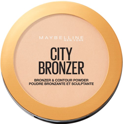En rund Maybelline-makeupbehållare med guldrand, märkt 'City Bronzer' för ansiktsbränning och contouring.