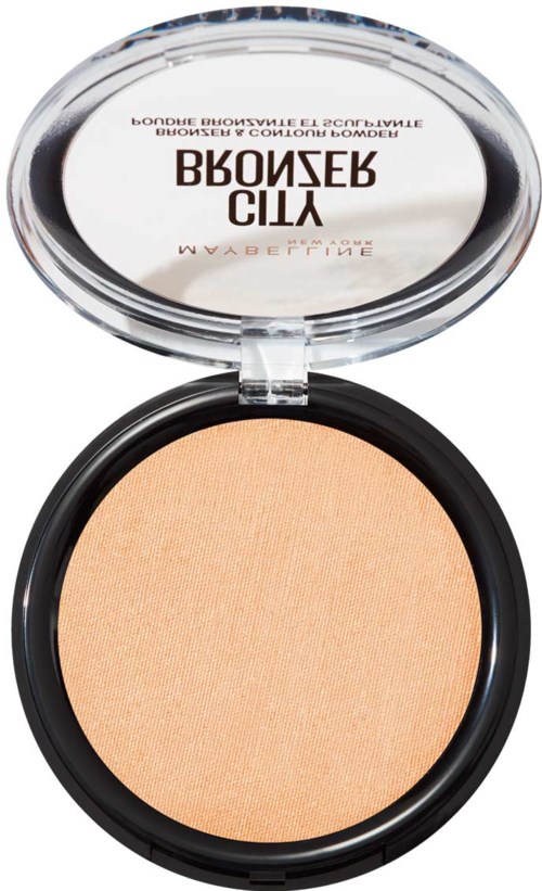 Ett kompakt puder med tydligt lock, visar ljusbeige smink inuti.