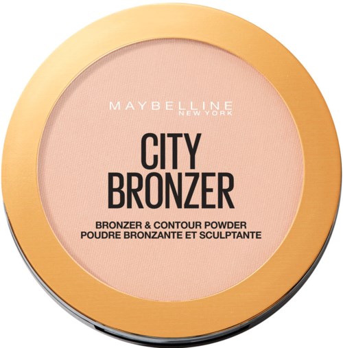 Rundt lock med rosa bronzer inuti, märkt 'City Bronzer' från Maybelline New York.