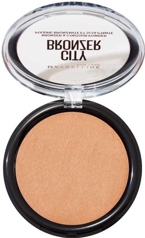 En kompakt puder med genomskinlig lock, visar en beige färgad makeup inuti.