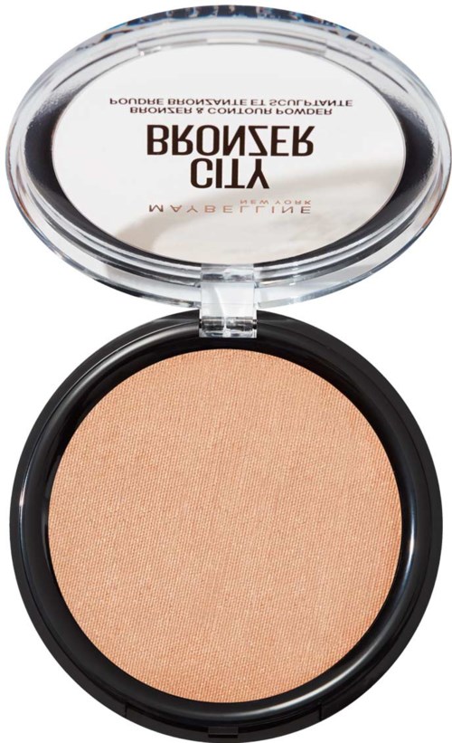 En kompakt med en beige pressad puder inuti och ett klart lock med text.