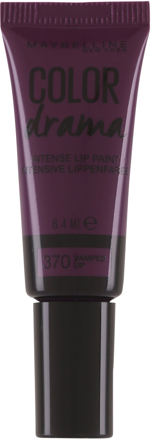 En mörklila tub med Maybelline Color Drama läppfärg med svart lock och rosa och lila text.