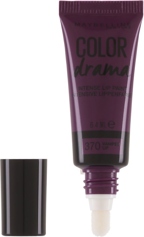 Lila tub med Maybelline läppstift med svart lock, märkt 'Color Drama' och färg 370 Vampurple.